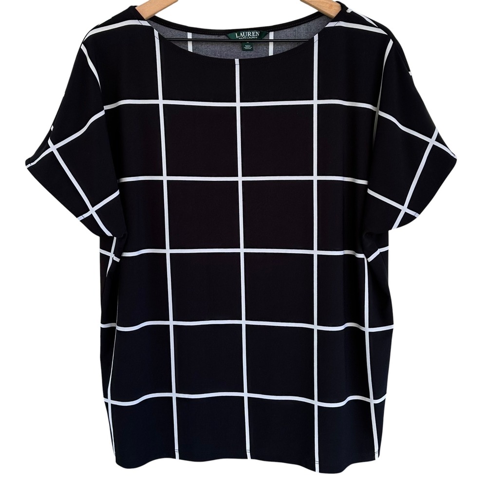 Lauren Ralph Lauren Black White Windowpane Grid Boat Neck Top Medium